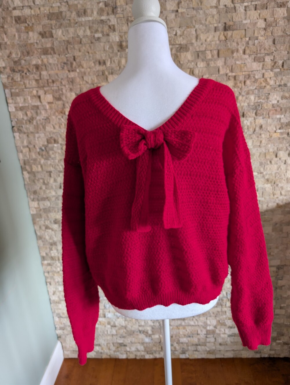 Bow Back Red Knit Sweater Long Sleeve Holiday Festive Valentine Romantic Sz L